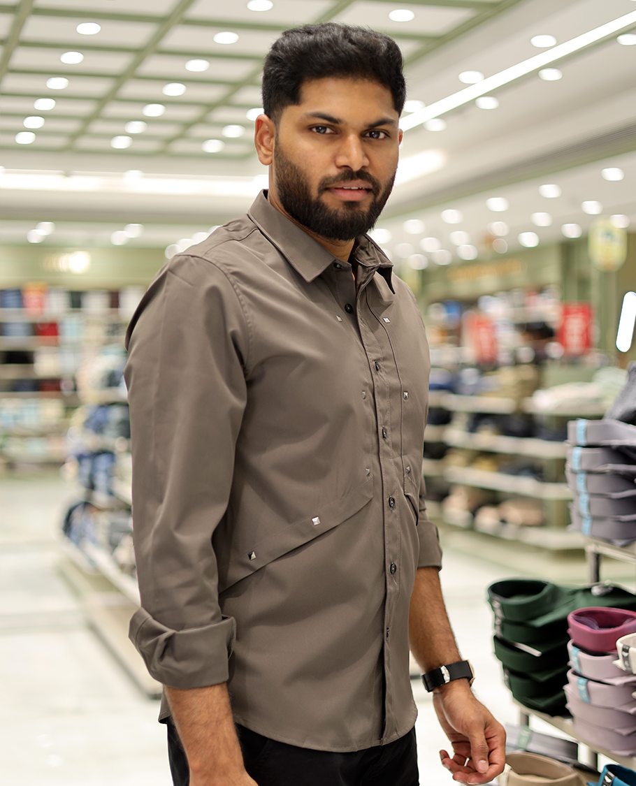 Brown Cotton-Blended Casual Shirt Features Life-Quotes Backprint, Full-Sleeves, a Spread Collar, a Regular Fit, and a Regular Length
