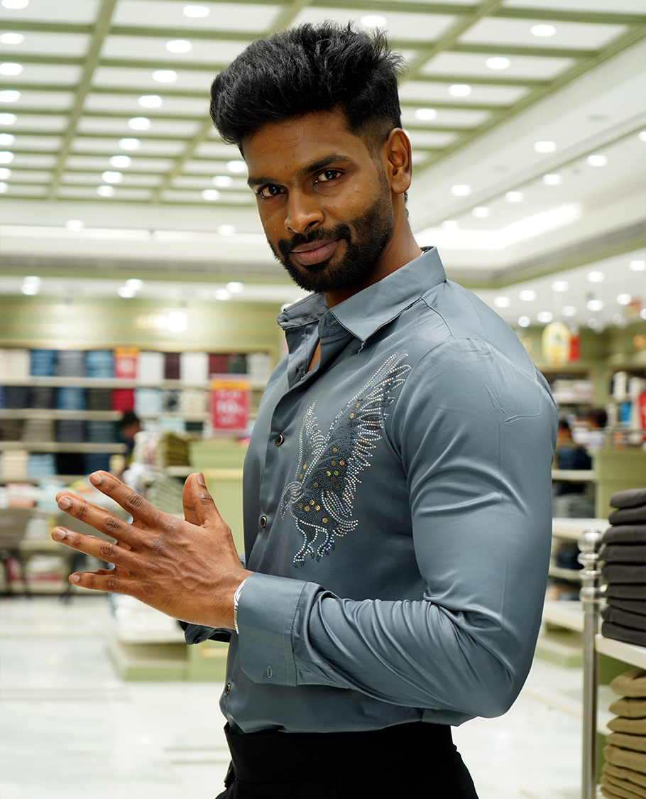 Light Grey Designer Party Wear Shirt Features Bird Embroidered, a Spread Collar, Full Sleeves, a Slim Fit, and Regular Length