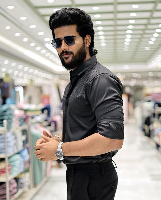 Black Poly-Blended Party-Wear Shirt Features Stonework, a Full Sleeve, a Spread Collar, a Slim Fit, and Regular Length