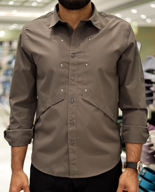 Brown Cotton-Blended Casual Shirt Features Life-Quotes Backprint, Full-Sleeves, a Spread Collar, a Regular Fit, and a Regular Length