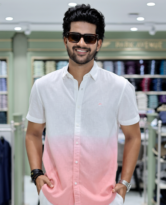 Red Cotton-Blended Ombre Casual Shirt Features Half Sleeves, a Spread Collar, a Regular Fit, and a Regular Length