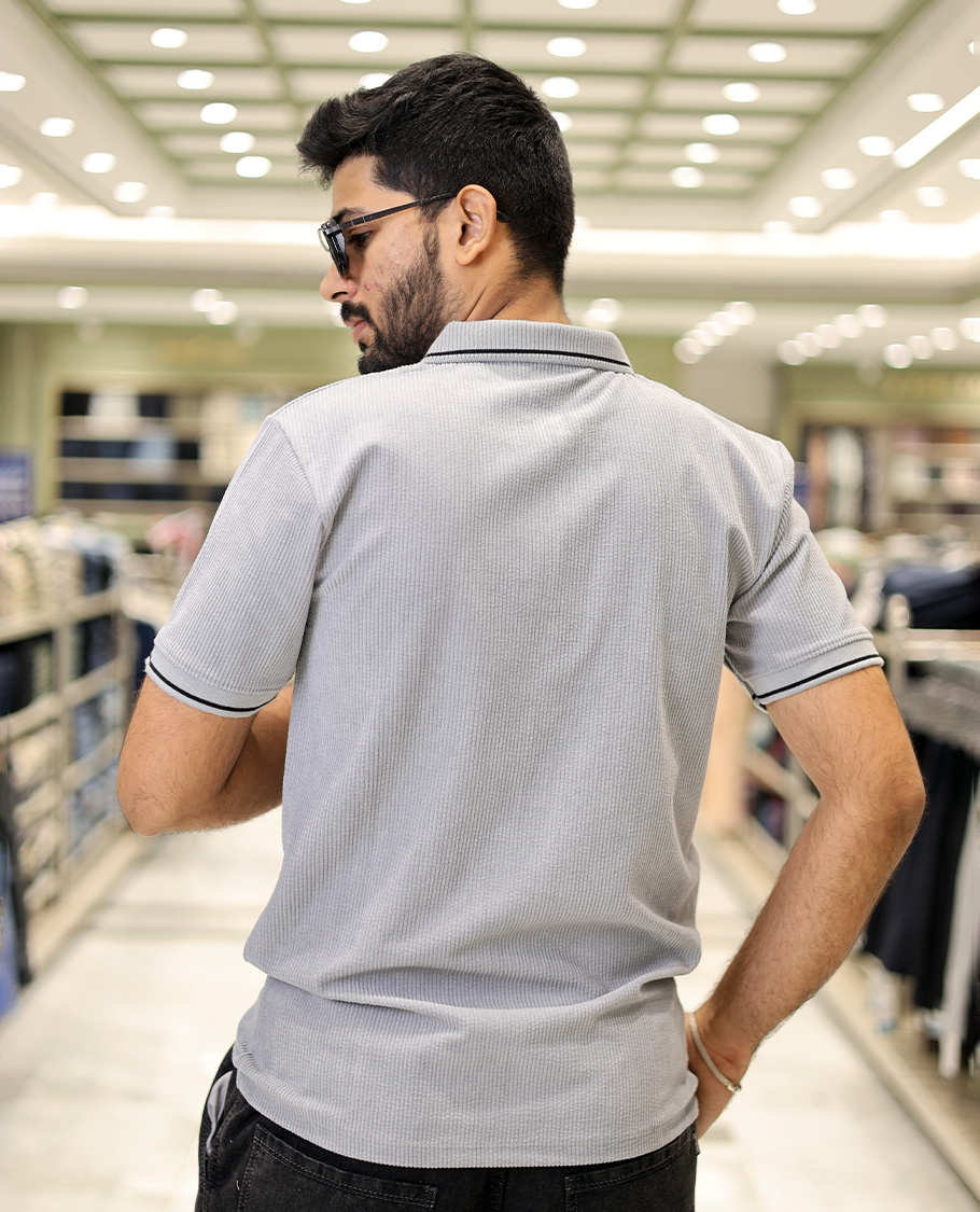 Light Grey Corduroy T-Shirt Comes with a Polo Neck, Half-Sleeves, a Slim Fit, and Regular Length