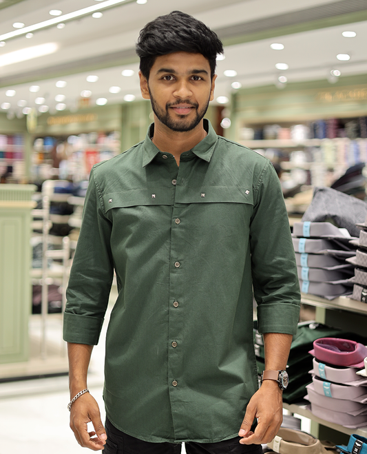 Olive Green Cotton-Blended Casual Shirt Features Life-Quotes Backprint, Full-Sleeves, a Spread Collar, a Regular Fit, and a Regular Length