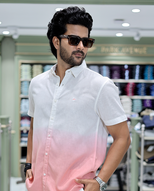 Red Cotton-Blended Ombre Casual Shirt Features Half Sleeves, a Spread Collar, a Regular Fit, and a Regular Length