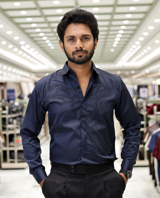 Navy Blue Poly-Blended Party Wear Shirt, Features Vines-Themed Stone Work, Full Sleeves, a Spread Collar, Slim Fit, and Regular Length 