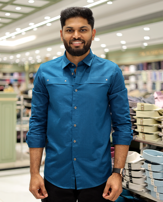 Blue Cotton-Blended Casual Shirt Features Life-Quotes Backprint, Full-Sleeves, a Spread Collar, a Regular Fit, and a Regular Length