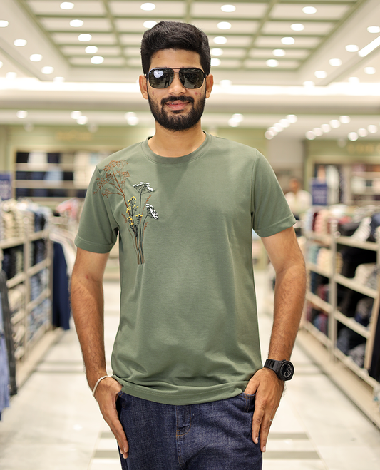 Green Cotton-Blended T-Shirt Comes with Floral-Theme Embroidered Motifs, Half-Sleeves, a Crew Neck, a Slim Fit, and Regular Length