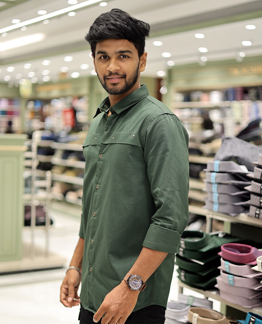Olive Green Cotton-Blended Casual Shirt Features Life-Quotes Backprint, Full-Sleeves, a Spread Collar, a Regular Fit, and a Regular Length