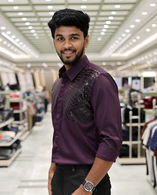 Purple Poly-Blended Party Wear Shirt, Features Geometric Flock Print, Full Sleeves, Spread Collar, Slim Fit, and Regular Length 