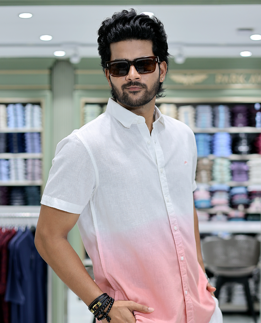 Red Cotton-Blended Ombre Casual Shirt Features Half Sleeves, a Spread Collar, a Regular Fit, and a Regular Length