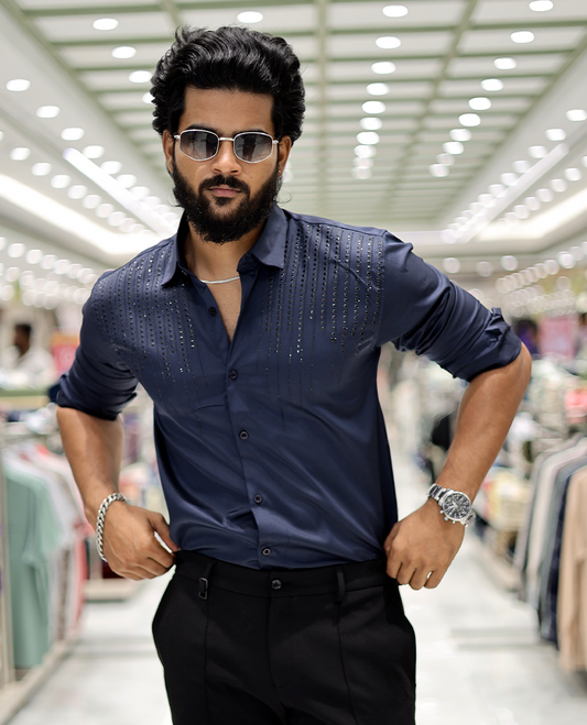 Navy Poly-Blended Party-Wear Shirt Features Stonework, a Full Sleeve, a Spread Collar, a Slim Fit, and Regular Length
