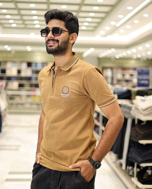 Khaki Corduroy T-Shirt Comes with a Polo Neck, Half-Sleeves, a Slim Fit, and Regular Length