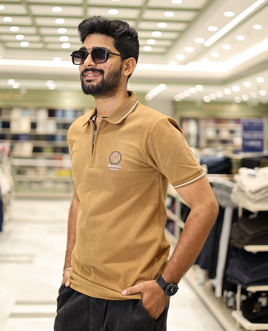 Khaki Corduroy T-Shirt Comes with a Polo Neck, Half-Sleeves, a Slim Fit, and Regular Length