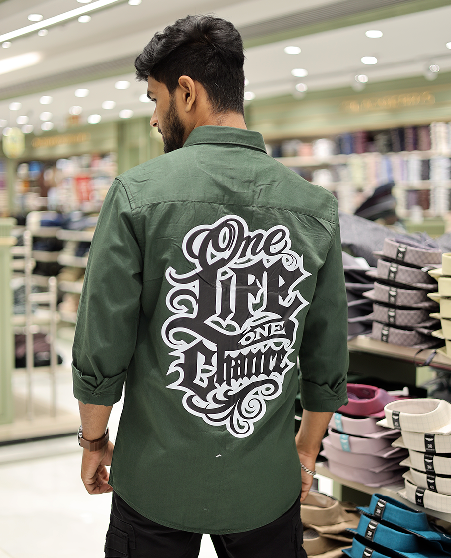 Olive Green Cotton-Blended Casual Shirt Features Life-Quotes Backprint, Full-Sleeves, a Spread Collar, a Regular Fit, and a Regular Length