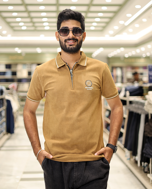 Khaki Corduroy T-Shirt Comes with a Polo Neck, Half-Sleeves, a Slim Fit, and Regular Length