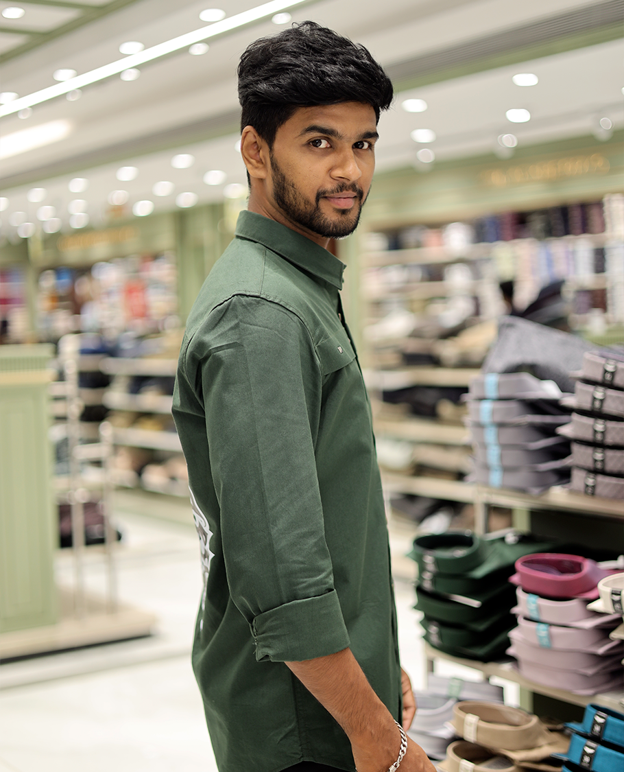 Olive Green Cotton-Blended Casual Shirt Features Life-Quotes Backprint, Full-Sleeves, a Spread Collar, a Regular Fit, and a Regular Length