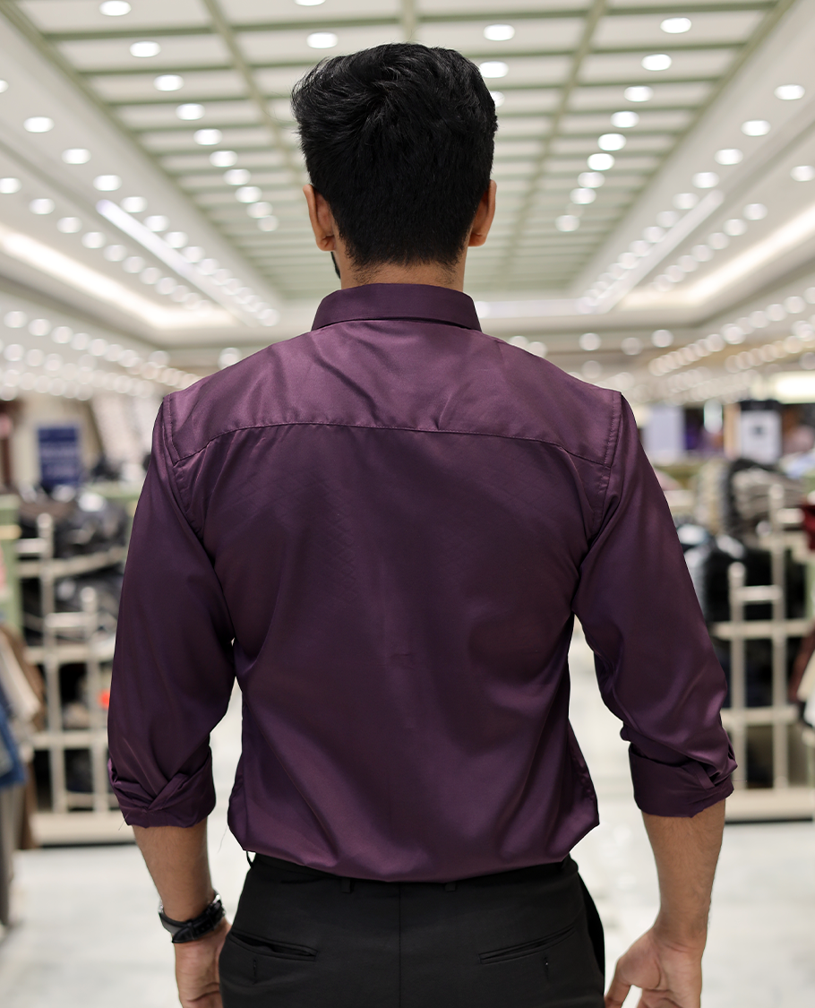 Purple Poly-Blended Party Wear Shirt, Features Geometric Flock Print, Full Sleeves, Spread Collar, Slim Fit, and Regular Length 