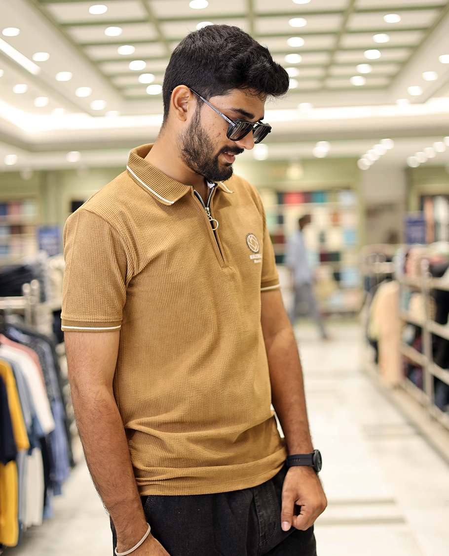 Khaki Corduroy T-Shirt Comes with a Polo Neck, Half-Sleeves, a Slim Fit, and Regular Length