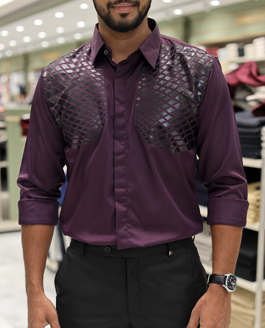 Purple Poly-Blended Party Wear Shirt, Features Geometric Flock Print, Full Sleeves, Spread Collar, Slim Fit, and Regular Length 