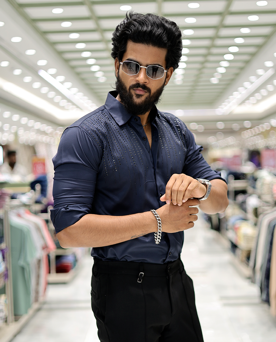 Navy Poly-Blended Party-Wear Shirt Features Stonework, a Full Sleeve, a Spread Collar, a Slim Fit, and Regular Length