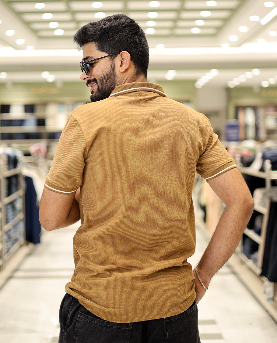 Khaki Corduroy T-Shirt Comes with a Polo Neck, Half-Sleeves, a Slim Fit, and Regular Length