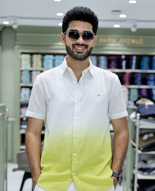 Yellow Cotton-Blended Ombre Casual Shirt Features Half Sleeves, a Spread Collar, a Regular Fit, and a Regular Length