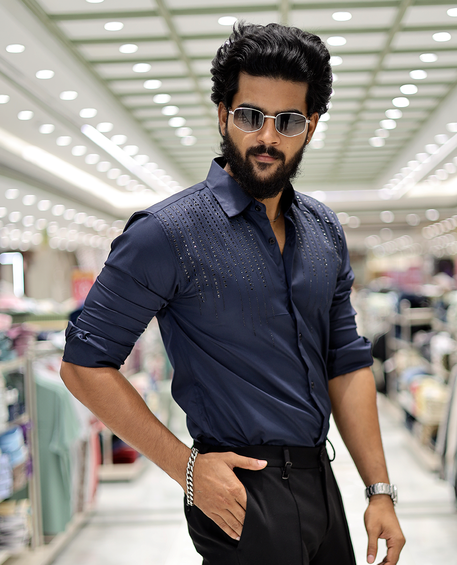 Navy Poly-Blended Party-Wear Shirt Features Stonework, a Full Sleeve, a Spread Collar, a Slim Fit, and Regular Length