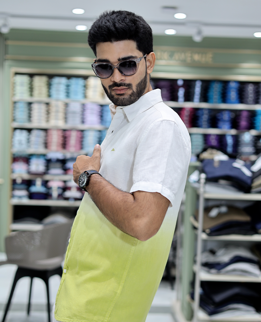 Yellow Cotton-Blended Ombre Casual Shirt Features Half Sleeves, a Spread Collar, a Regular Fit, and a Regular Length