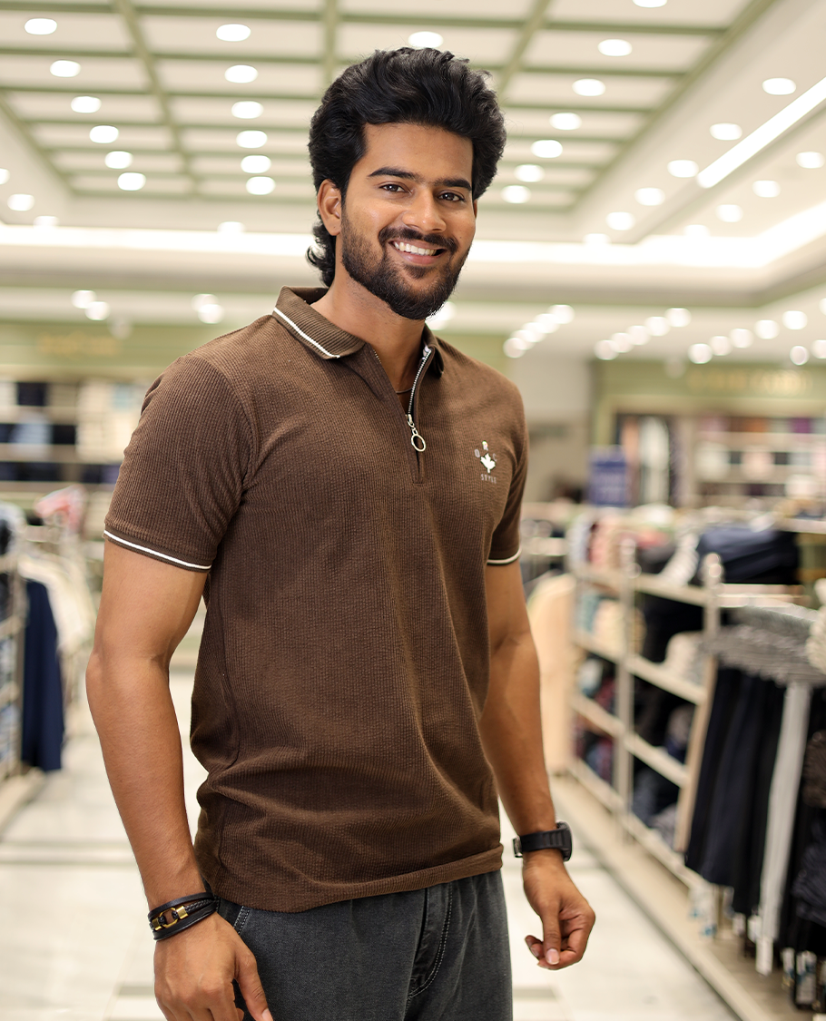 Brown Corduroy T-Shirt Comes with a Polo Neck, Half-Sleeves, a Slim Fit, and Regular Length