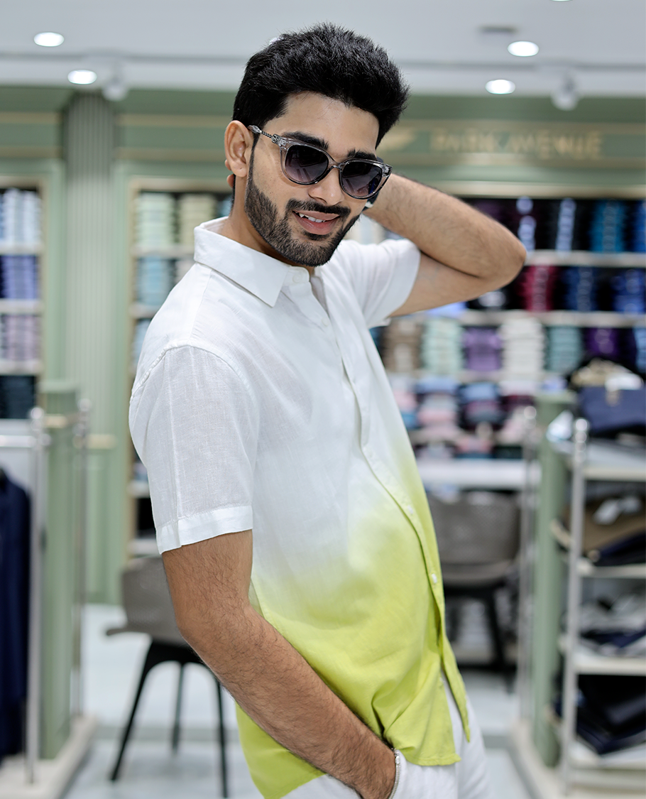 Yellow Cotton-Blended Ombre Casual Shirt Features Half Sleeves, a Spread Collar, a Regular Fit, and a Regular Length