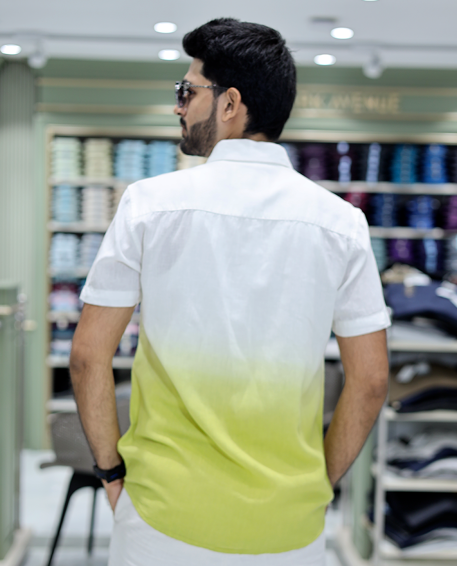 Yellow Cotton-Blended Ombre Casual Shirt Features Half Sleeves, a Spread Collar, a Regular Fit, and a Regular Length