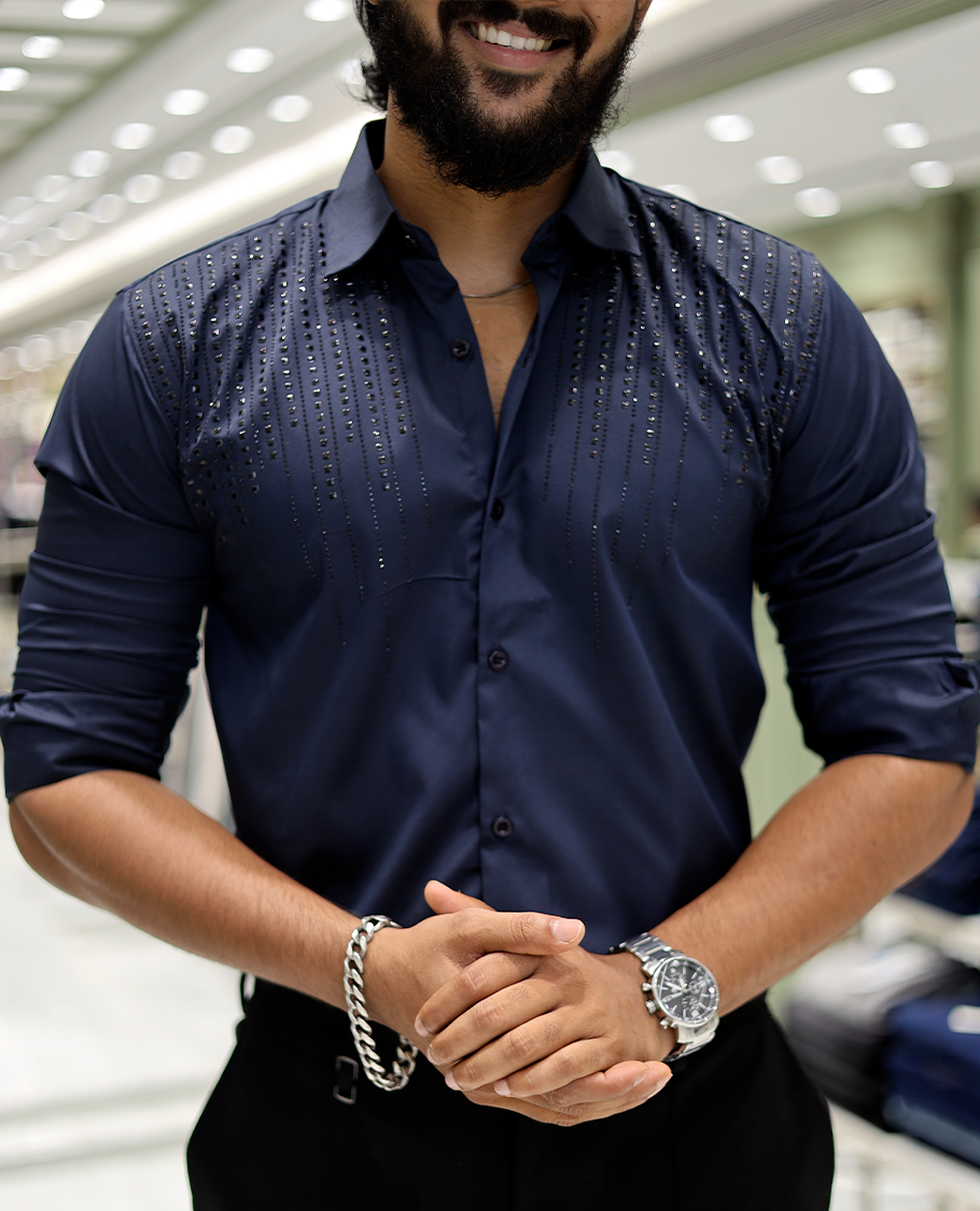 Navy Poly-Blended Party-Wear Shirt Features Stonework, a Full Sleeve, a Spread Collar, a Slim Fit, and Regular Length
