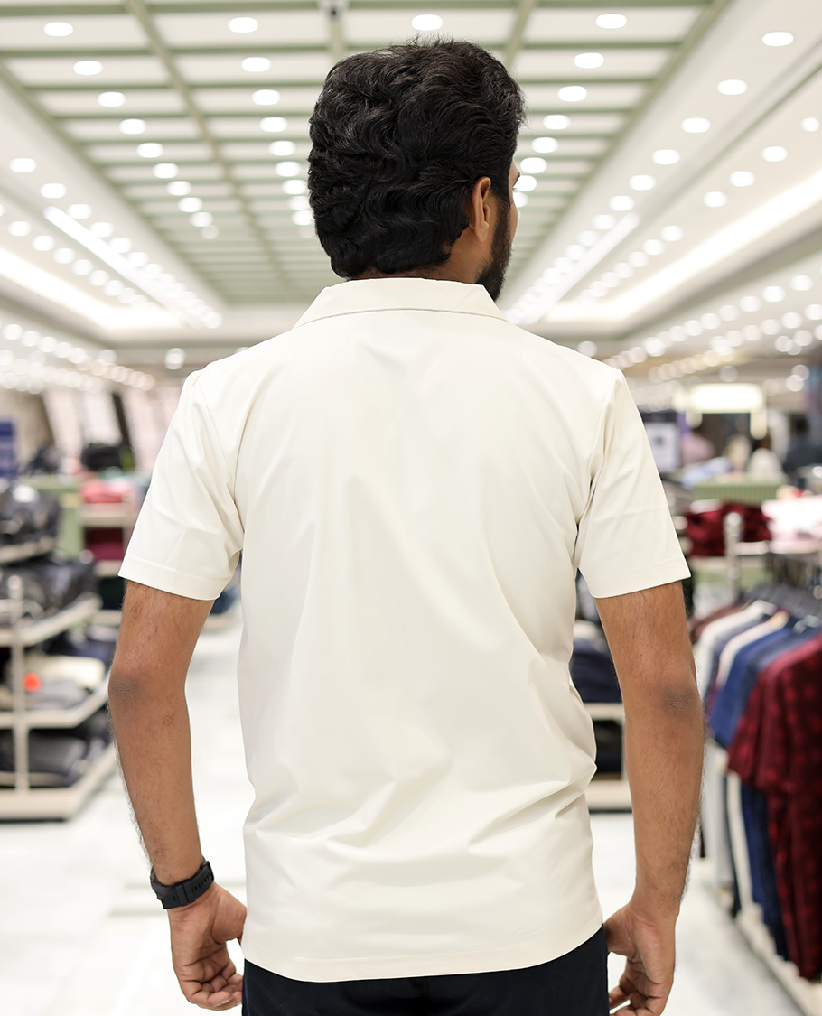 Cream Cotton-Blended Casual Shirt Comes with Humming Bird Motifs, Knitted Embroidery, Cuban Collar, Half Sleeves, Boxy Fit, and Regular Length