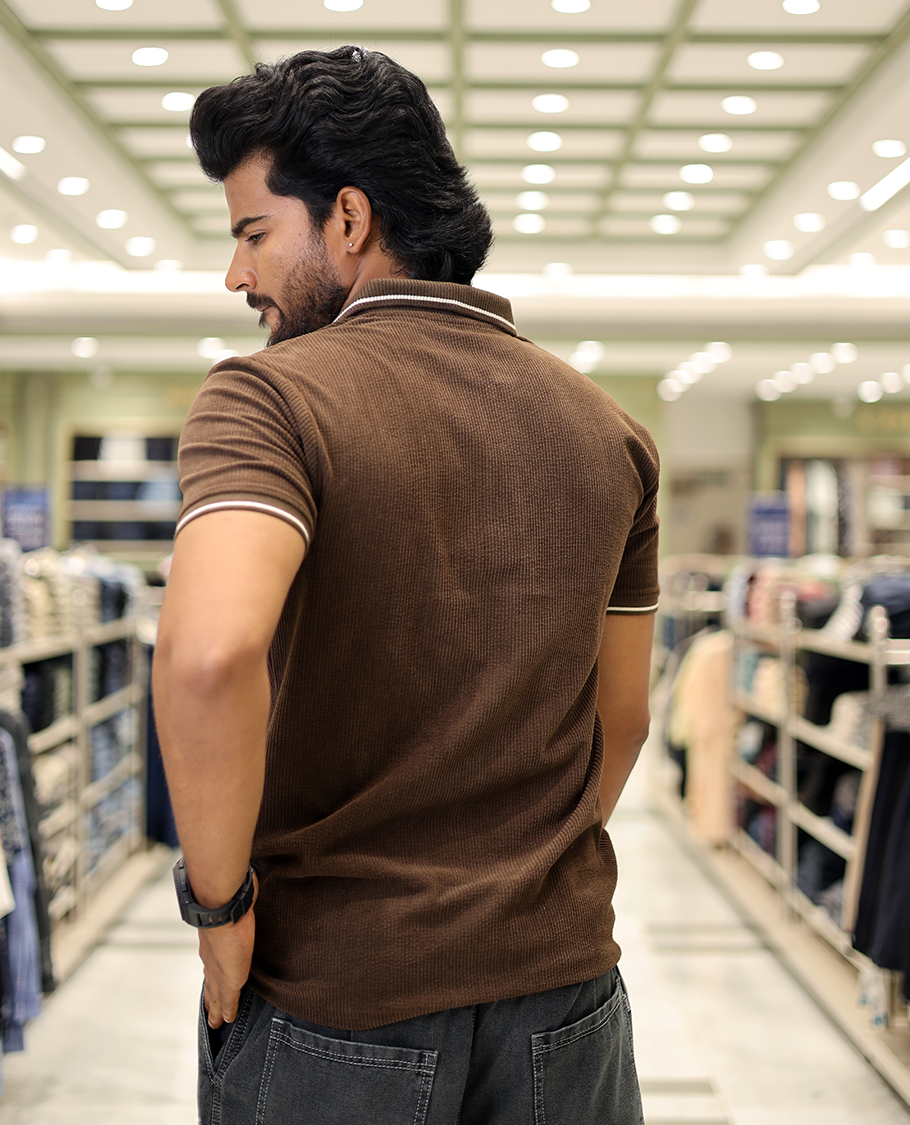 Brown Corduroy T-Shirt Comes with a Polo Neck, Half-Sleeves, a Slim Fit, and Regular Length