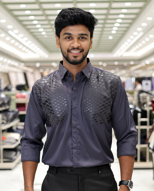 Grey Poly-Blended Party Wear Shirt, Features Geometric Flock Print, Full Sleeves, Spread Collar, Slim Fit, and Regular Length 