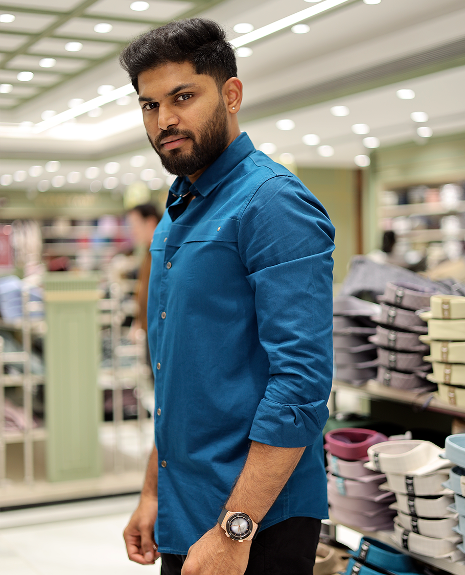 Blue Cotton-Blended Casual Shirt Features Life-Quotes Backprint, Full-Sleeves, a Spread Collar, a Regular Fit, and a Regular Length