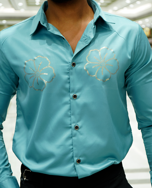 Teal Designer Party Wear Shirt Features Flower Work, a Spread Collar, Full Sleeves, a Slim Fit, and Regular Length