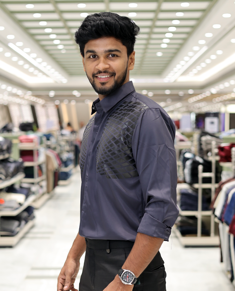 Grey Poly-Blended Party Wear Shirt, Features Geometric Flock Print, Full Sleeves, Spread Collar, Slim Fit, and Regular Length 
