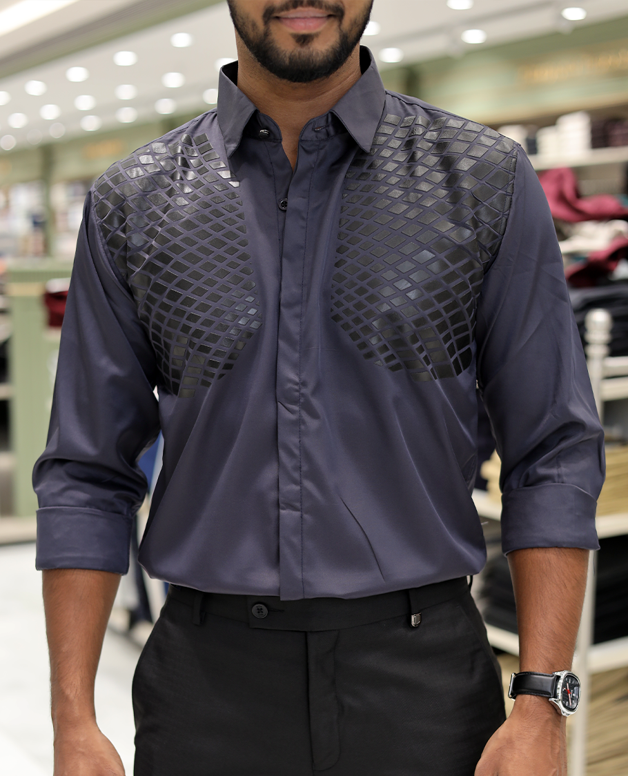 Grey Poly-Blended Party Wear Shirt, Features Geometric Flock Print, Full Sleeves, Spread Collar, Slim Fit, and Regular Length 