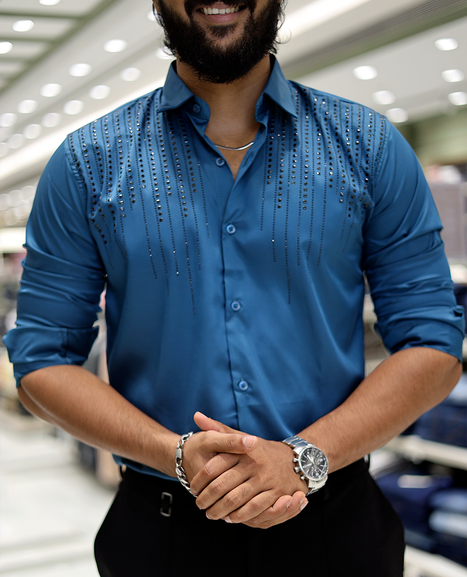 Peacock Blue Poly-Blended Party-Wear Shirt Features Stonework, a Full Sleeve, a Spread Collar, a Slim Fit, and Regular Length