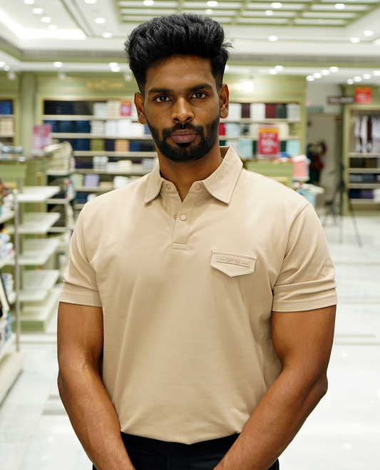 Khaki Cotton-Blended Plain T-Shirt Comes with a Polo Neck, Half Sleeves, a Slim Fit, and Regular Length