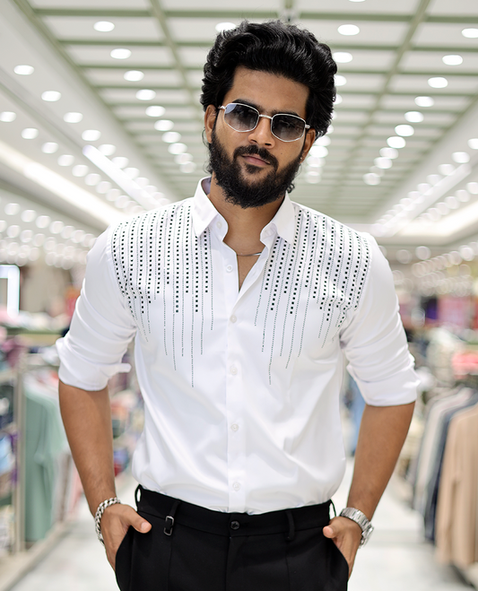White Poly-Blended Party-Wear Shirt Features Stonework, a Full Sleeve, a Spread Collar, a Slim Fit, and Regular Length