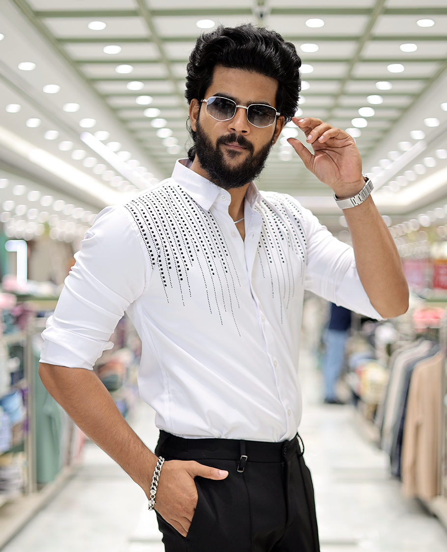 White Poly-Blended Party-Wear Shirt Features Stonework, a Full Sleeve, a Spread Collar, a Slim Fit, and Regular Length