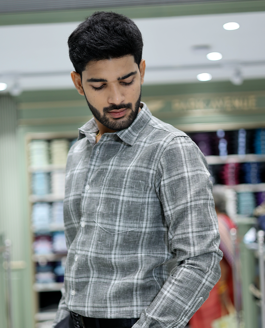 Dark Grey Checked Cotton Casual Shirt