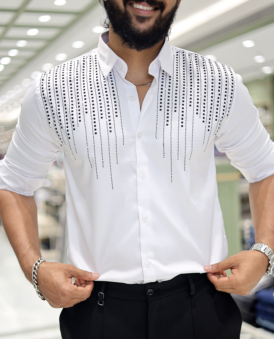 White Poly-Blended Party-Wear Shirt Features Stonework, a Full Sleeve, a Spread Collar, a Slim Fit, and Regular Length