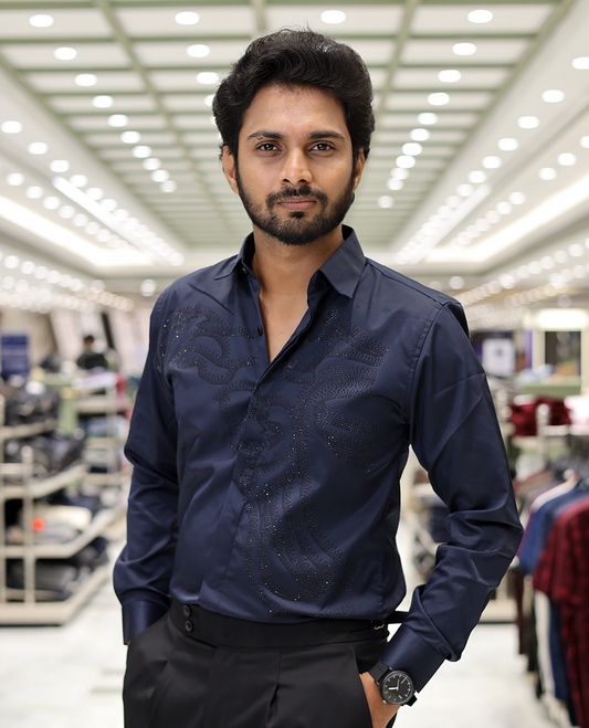 Navy Blue Poly-Blended Party Wear Shirt, Features Vines-Themed Stone Work, Full Sleeves, a Spread Collar, Slim Fit, and Regular Length 
