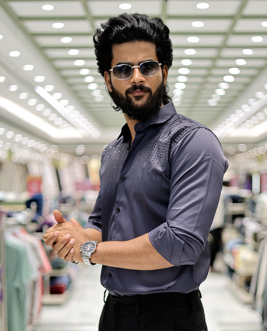 Grey Poly-Blended Party-Wear Shirt Features Stonework, a Full Sleeve, a Spread Collar, a Slim Fit, and Regular Length