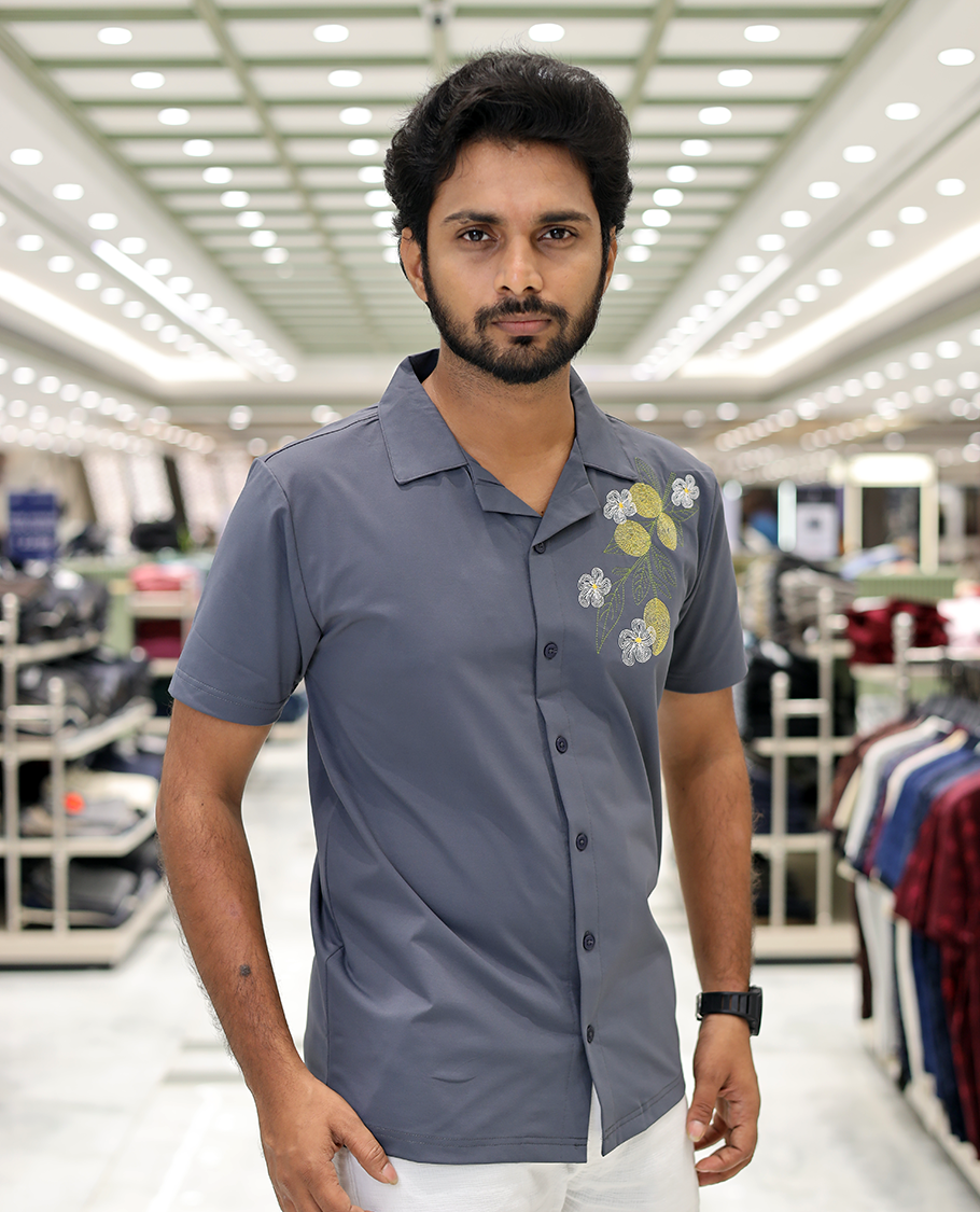 Grey Cotton-Blended Casual Shirt Comes with Floral Motifs Knitted Embroidery, Cuban Collar, Half Sleeves, Boxy Fit, and Regular Length