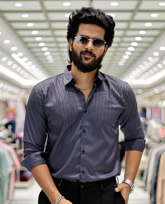Grey Poly-Blended Party-Wear Shirt Features Stonework, a Full Sleeve, a Spread Collar, a Slim Fit, and Regular Length