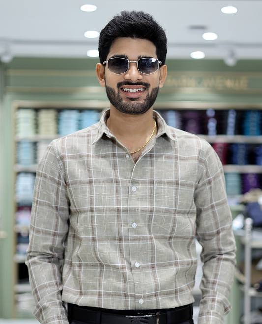 Beige Checked Cotton Casual Shirt